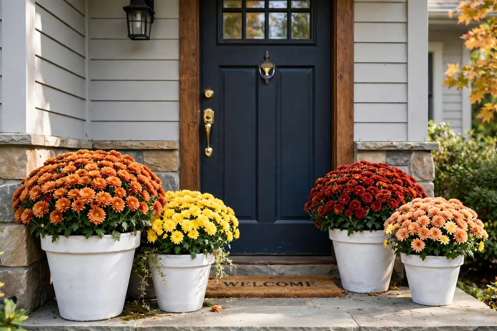 Chalk white terracotta pots with mixed warm colored mums near a front door.