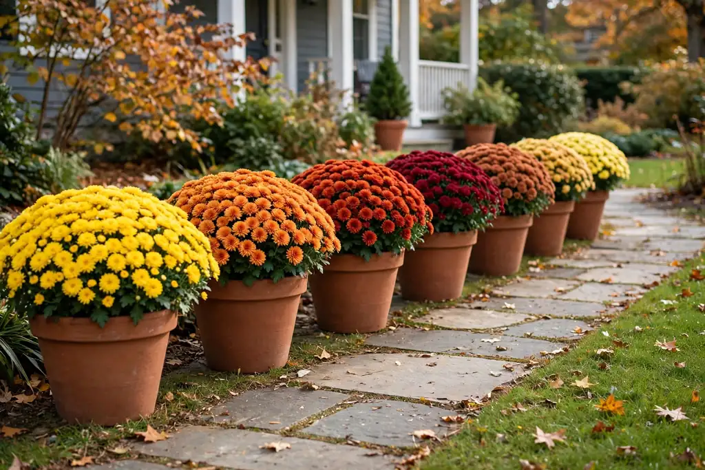 Row of same size pots along a front path, each with mums in a single fall color.