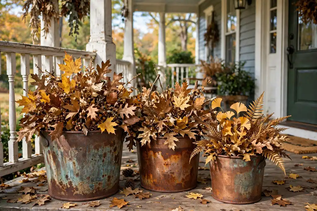 Copper pots with rust, bronze, and gold foliage on a front porch.