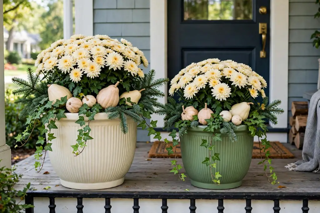 Cream and green planters with cream mums, pale gourds, ivy, and evergreen sprigs.