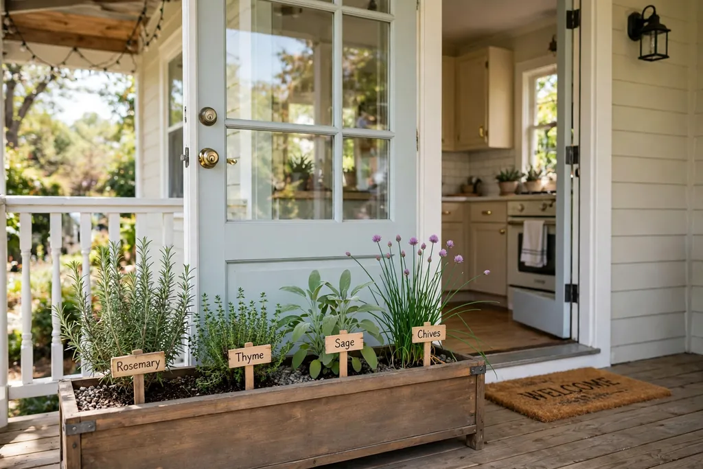 Long planter with rosemary, thyme, sage, and chives by a kitchen door.