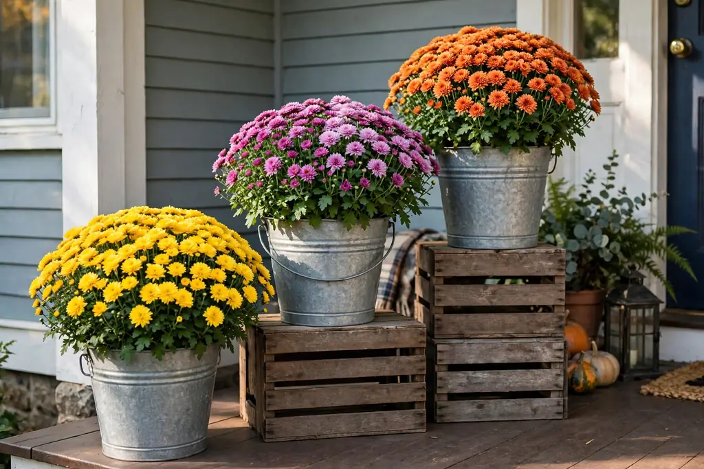 Three galvanized buckets at different heights planted with mums on a front porch.