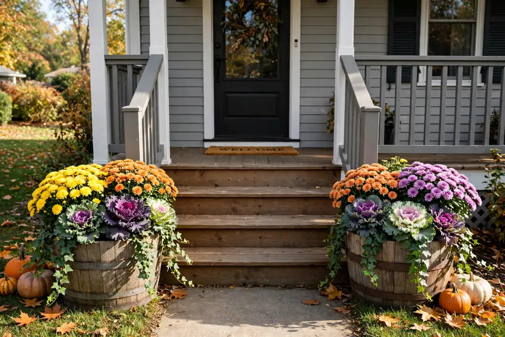 Half barrel planters with mums and ornamental kale on each side of porch steps.