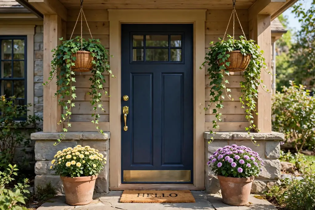 Hanging planters with trailing ivy and small mums on each side of a front door.