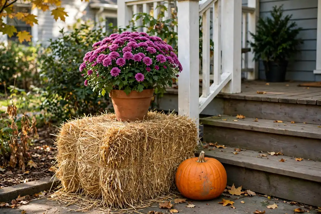 Small hay bale topped with potted mums and a pumpkin beside porch steps.