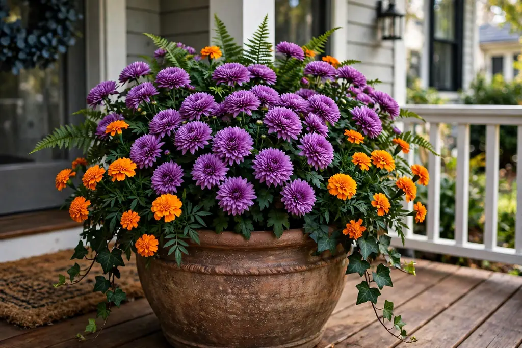 Large pot with purple mums, orange marigolds, and deep green foliage.