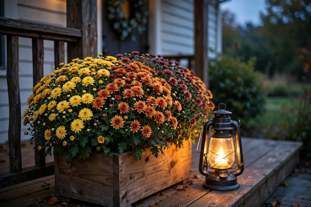 Front porch planter with mums beside a lantern glowing at dusk.