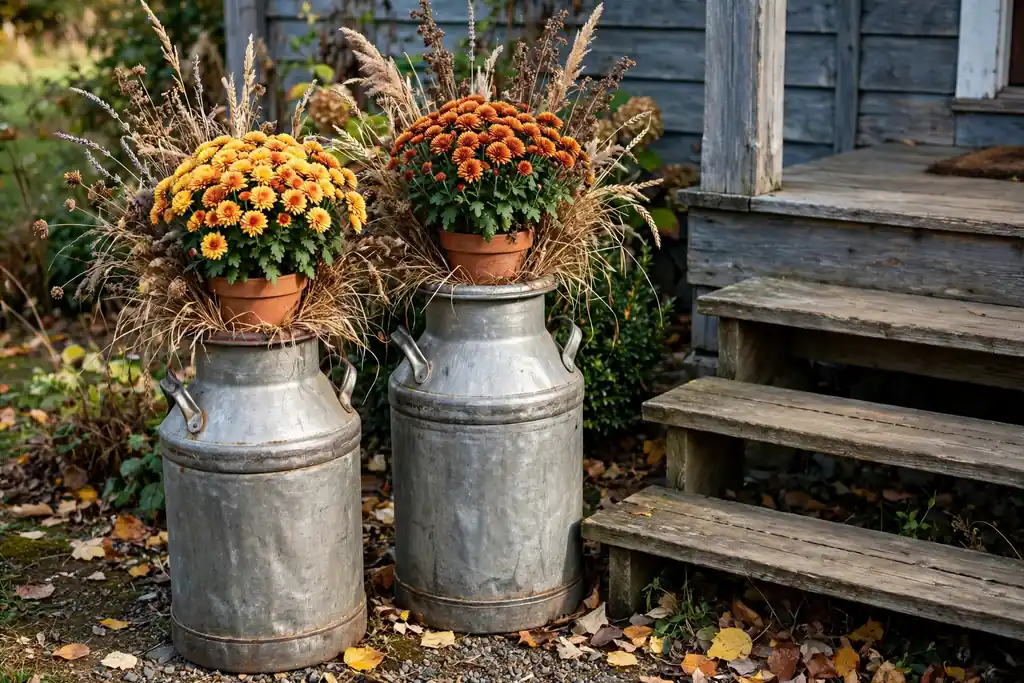 Old style milk cans beside porch steps, topped with a potted mum and dried grasses.
