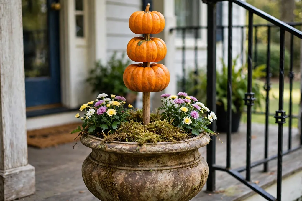 Urn with three stacked mini pumpkins on a dowel, with moss and small mums at the base.