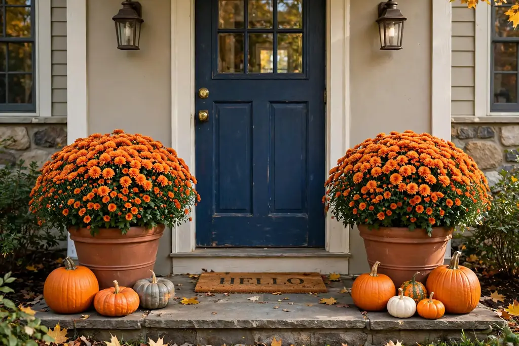 Matching pots with orange mums flanking a front door, with pumpkins at the base of each pot.