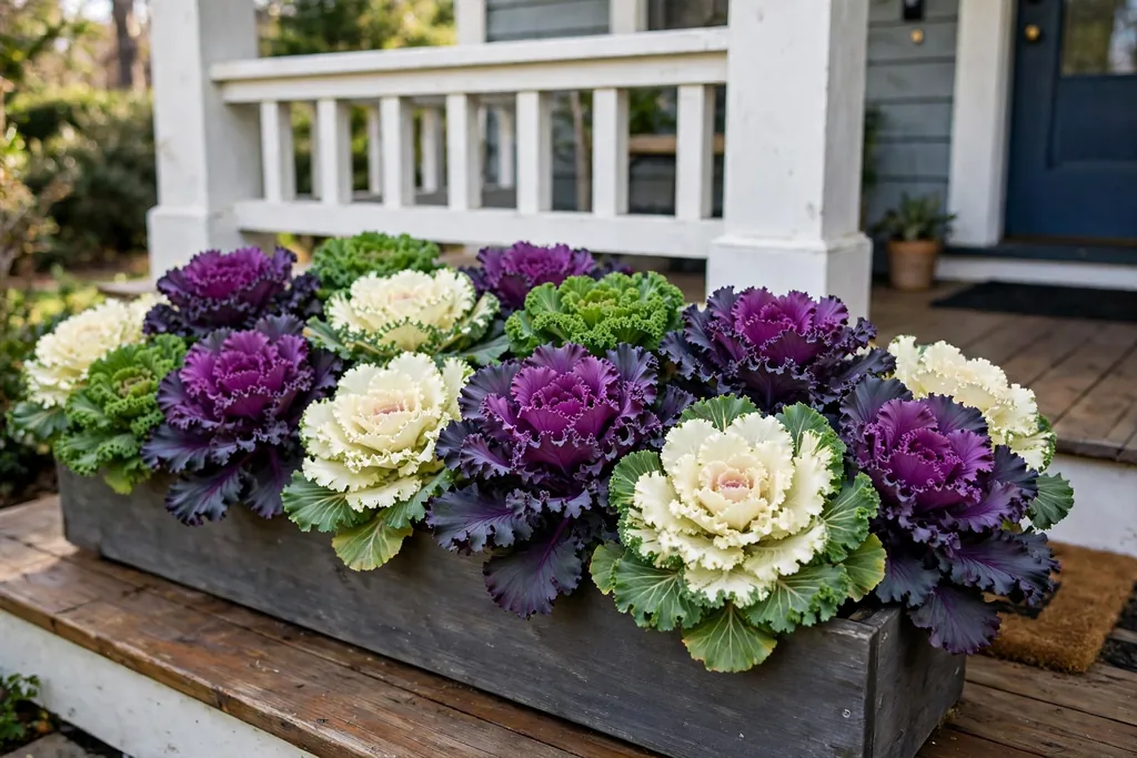 Low wide planter filled with purple, cream, and green ornamental kale and cabbage.