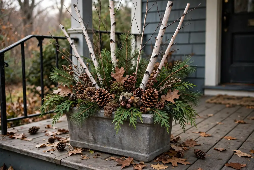 Planter with evergreen sprigs, pinecones, and birch stems for late fall.