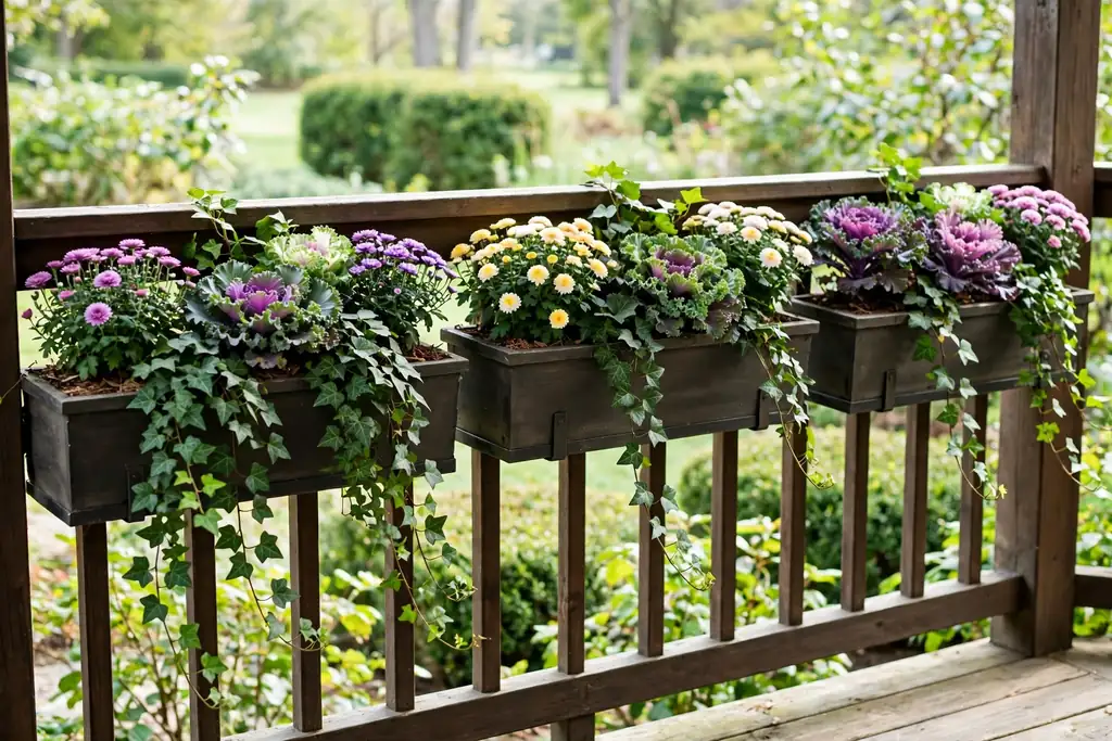 Long planters fixed to a porch rail, filled with ivy, small mums, and ornamental kale.