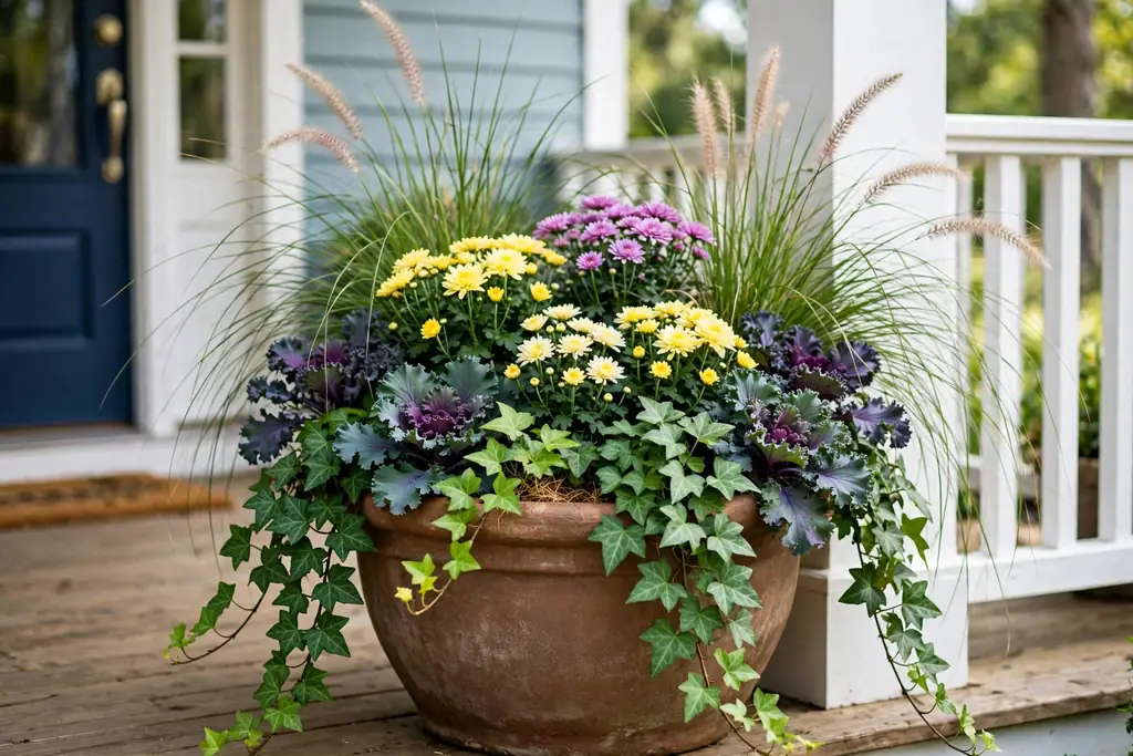 Refreshed summer pot with new mums and kale added around healthy ivy and grasses.