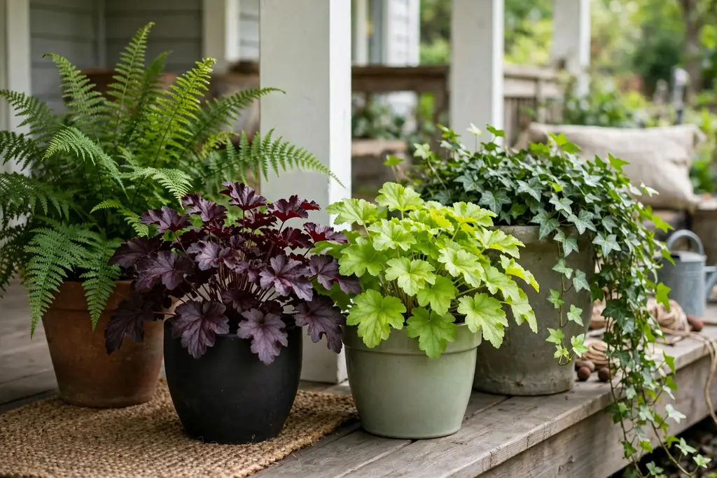 Shade porch pots with ferns, burgundy and lime heuchera, and ivy.