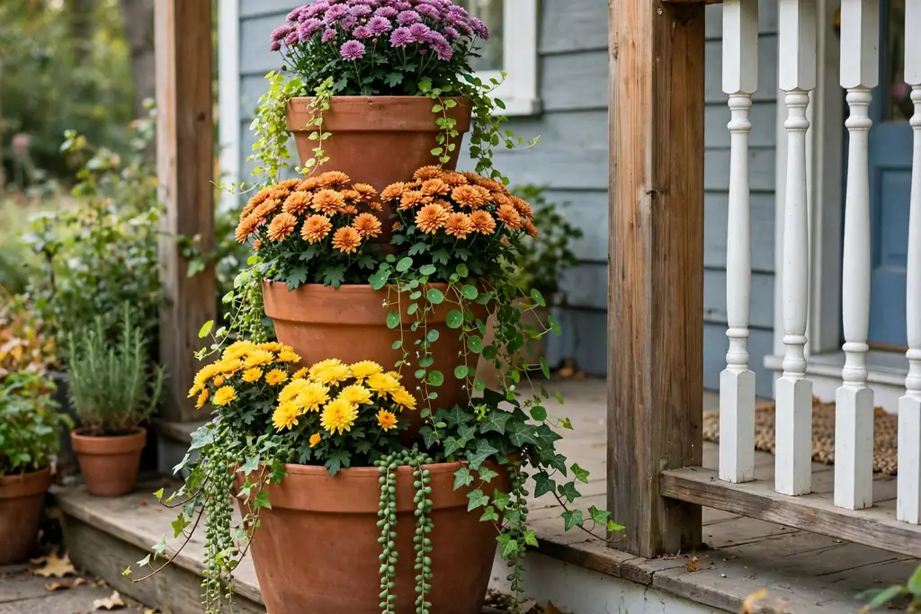 Stacked pot tower of three decreasing pots planted with mums and trailing plants.