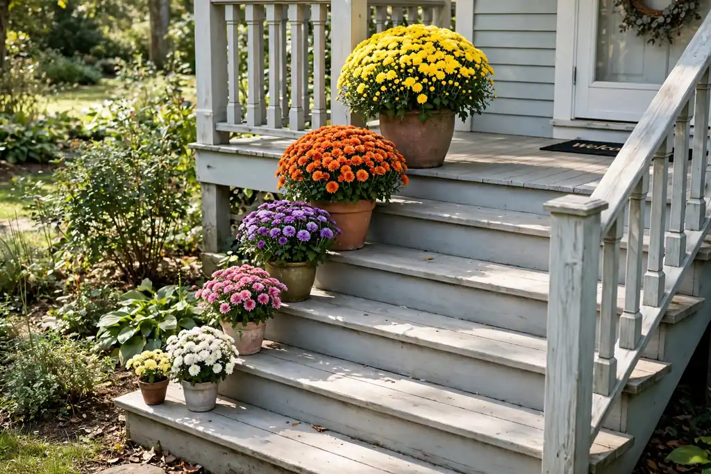 Pots of decreasing size lined down porch steps, planted with mums.