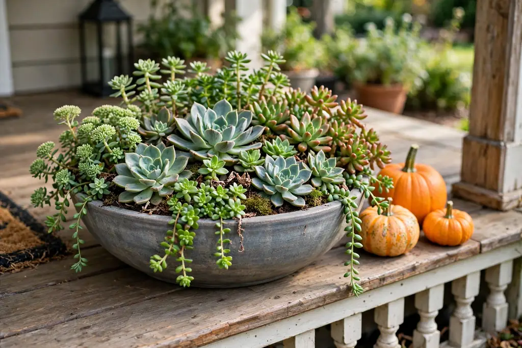 Shallow bowl planter with sedums and succulents, with small pumpkins beside it.
