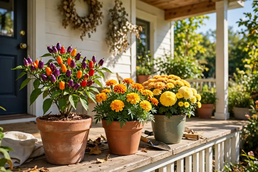 Sunny porch pots with ornamental peppers, marigolds, and sun loving mums.