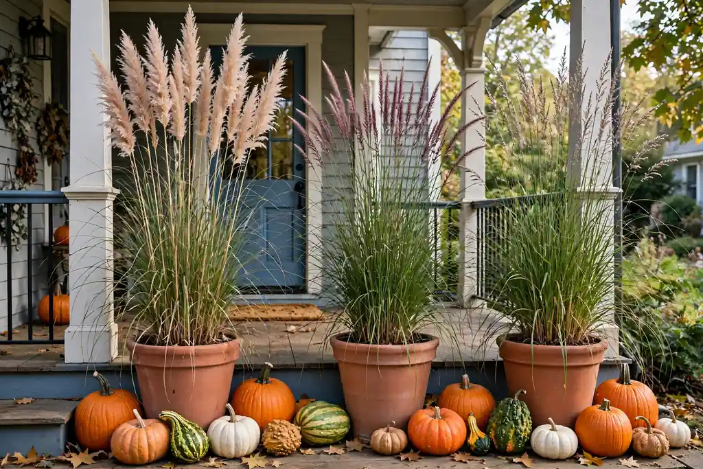 Large pots of tall ornamental grasses with pumpkins and gourds around the base.