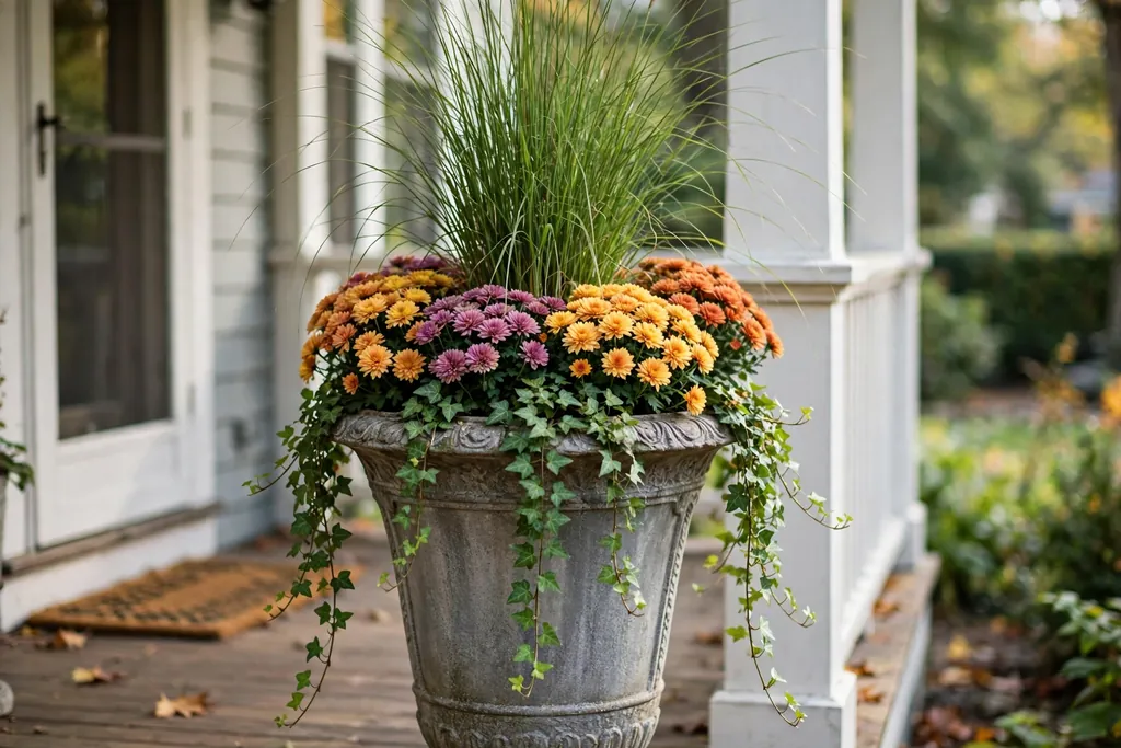 Tall urn planter with a grass center, mums around it, and trailing ivy over the edge.