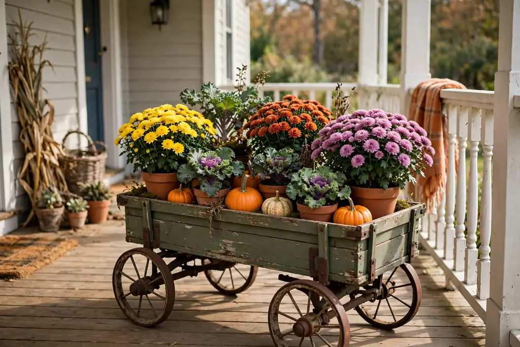 Small vintage wagon filled with potted mums, kale, and pumpkins on a porch.