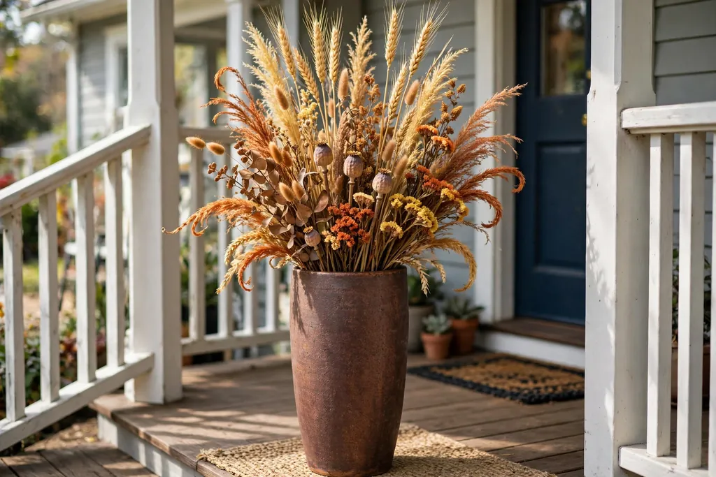 Tall pot with wheat stems, dried grasses, and dried flowers in gold and rust.