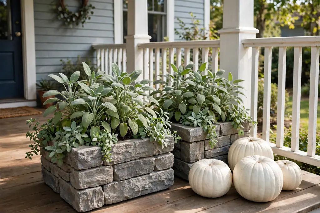 Stone planters with sage foliage and white pumpkins beside them on a front porch.