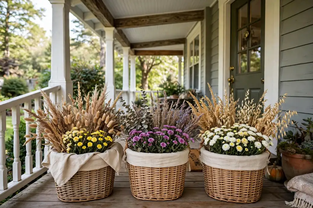 Lined wicker baskets with dried grasses and small mums on a covered front porch.