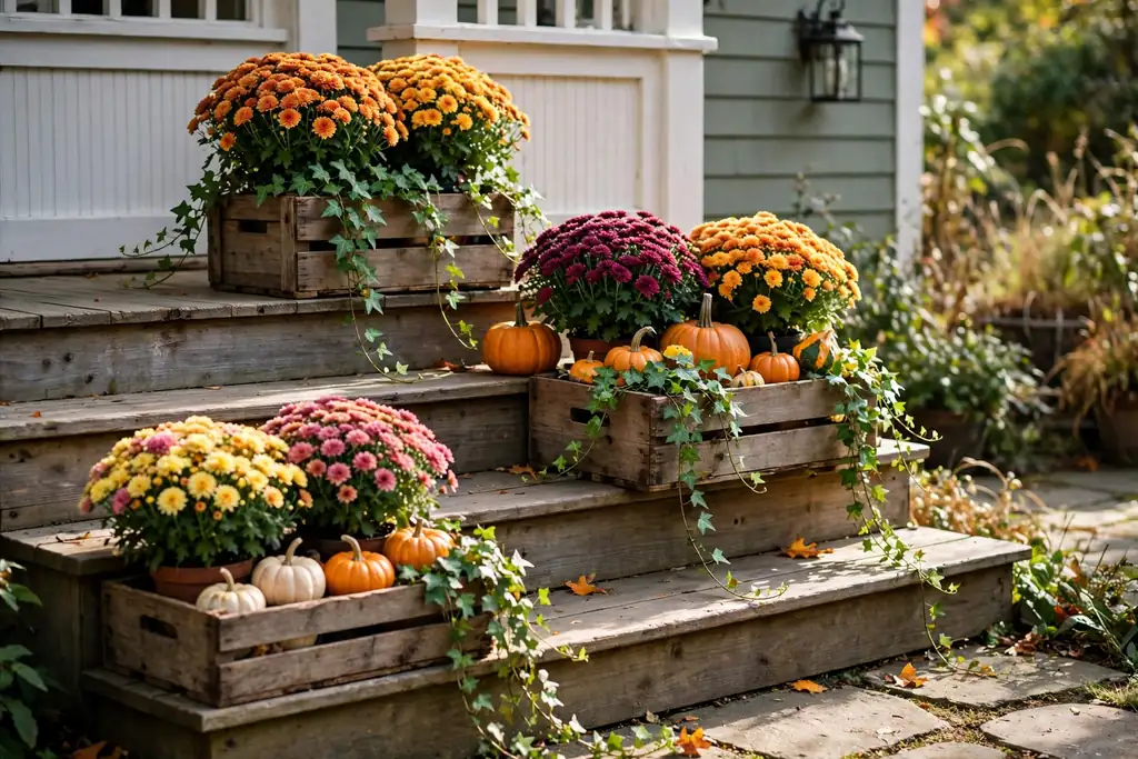 Wooden crates on porch steps filled with potted mums, small pumpkins, and trailing ivy.