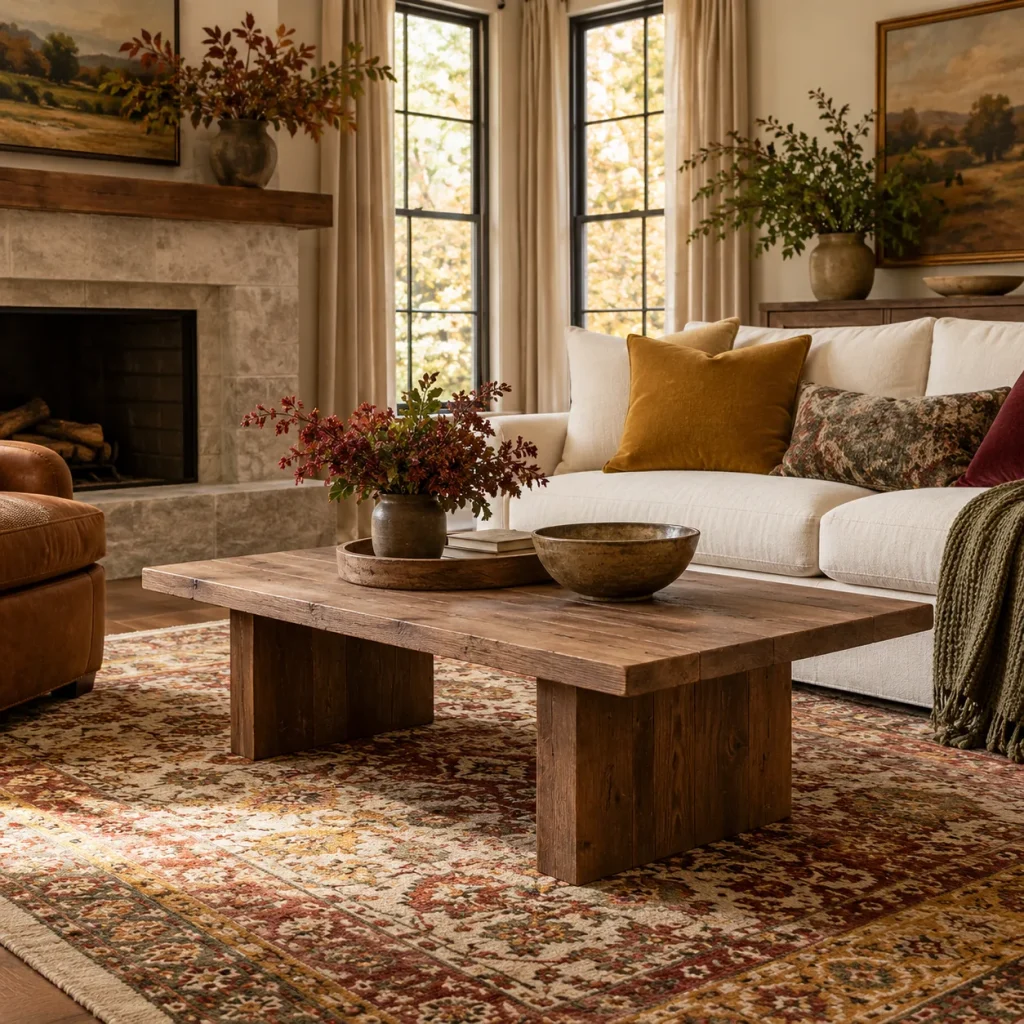 Cream sofa with one ochre cushion matching a subtle ochre detail in patterned rug.
