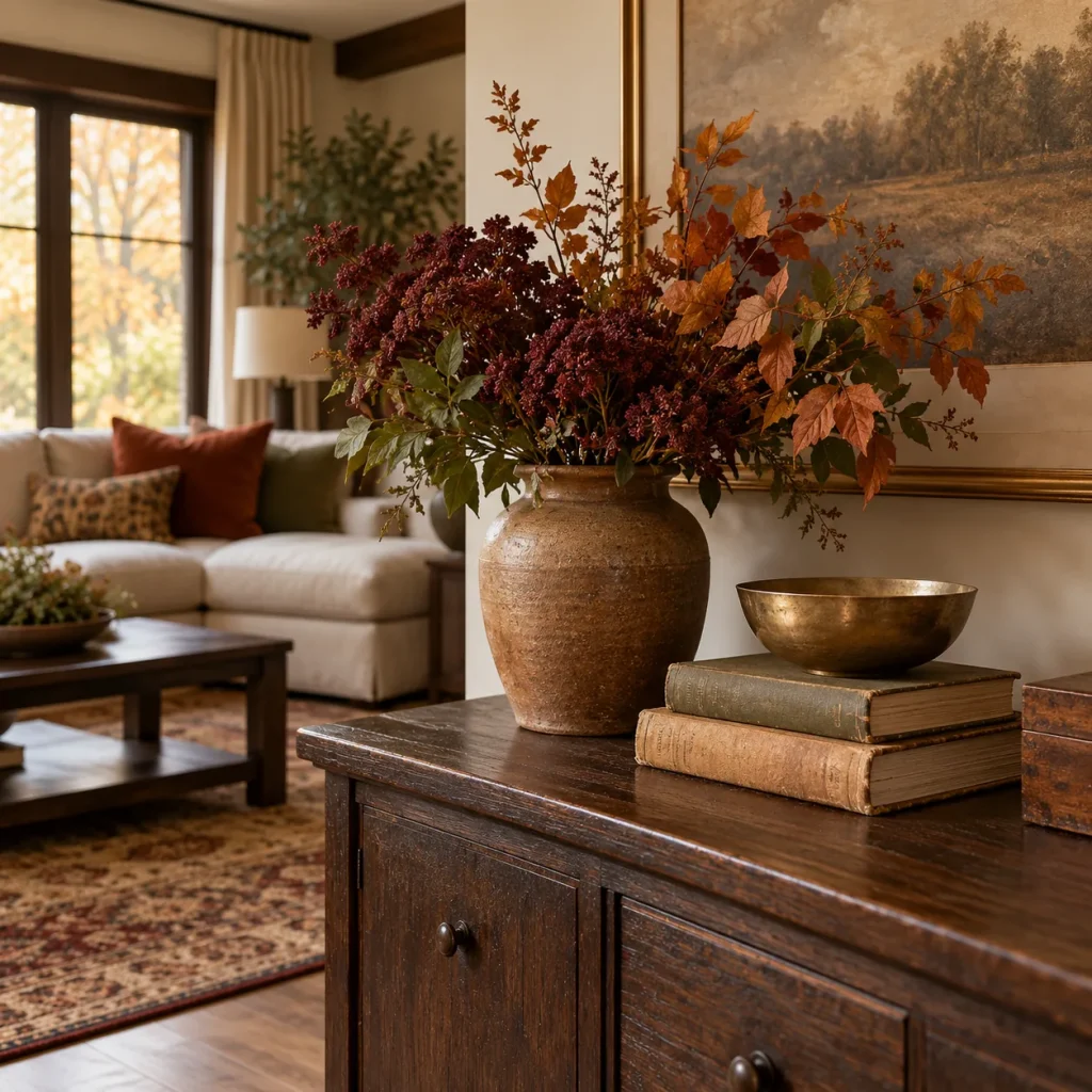 Small brushed brass bowl beside old plain books and warm ceramic vase on dark wood console.
