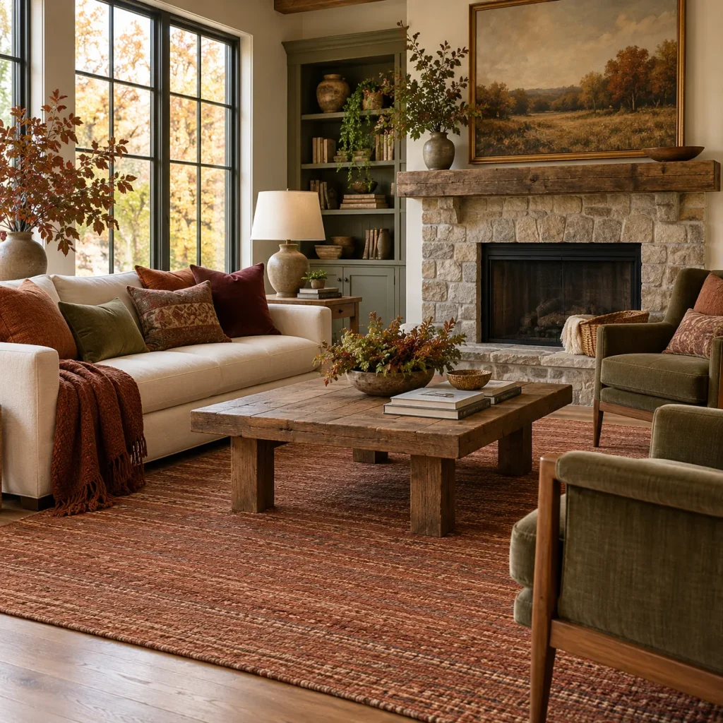 Muted rust flatweave rug under front legs of cream sofa and two chairs.