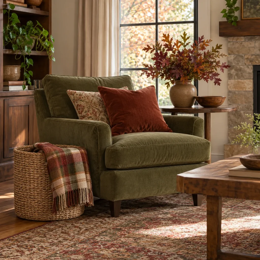 Round woven basket containing folded plaid throw beside olive chair.