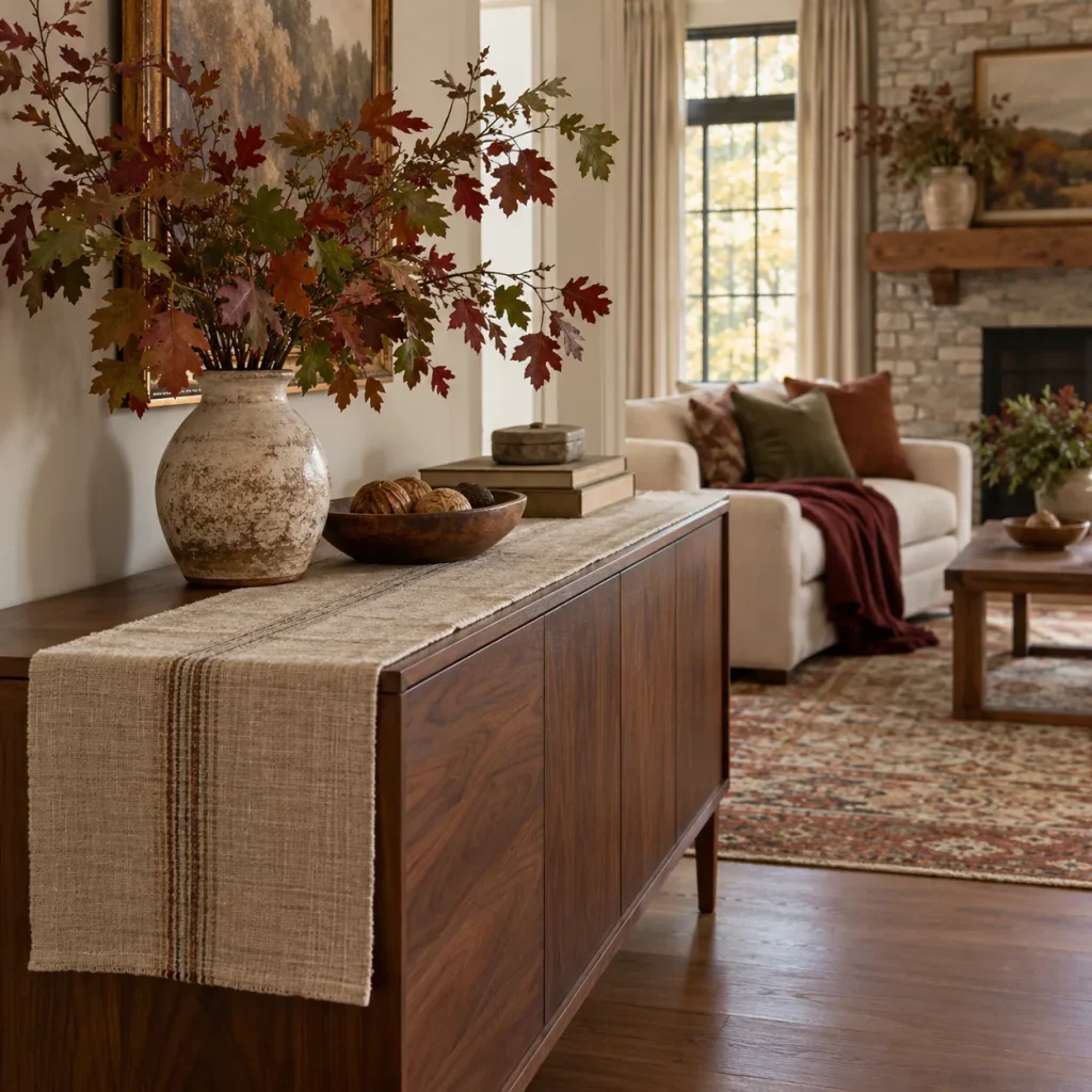Walnut console with narrow flax runner.