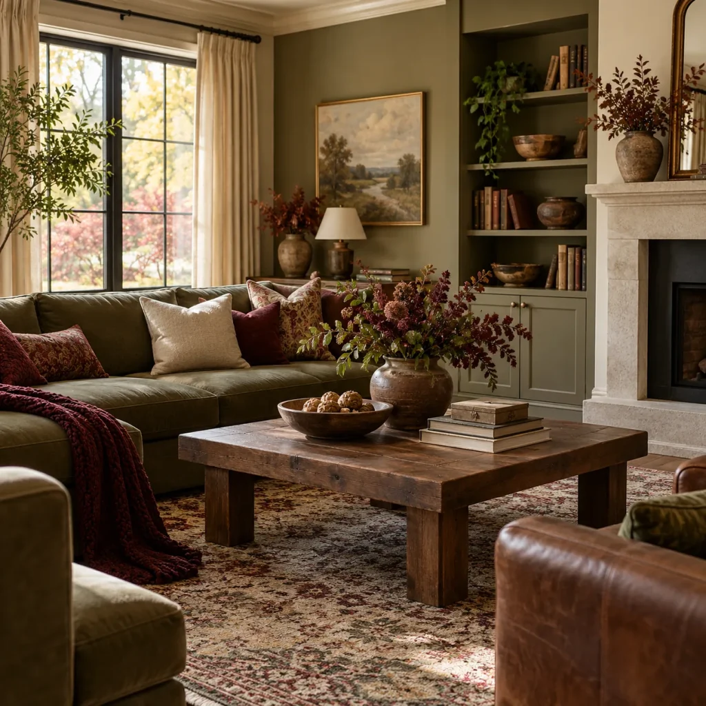 Living room in olive green.