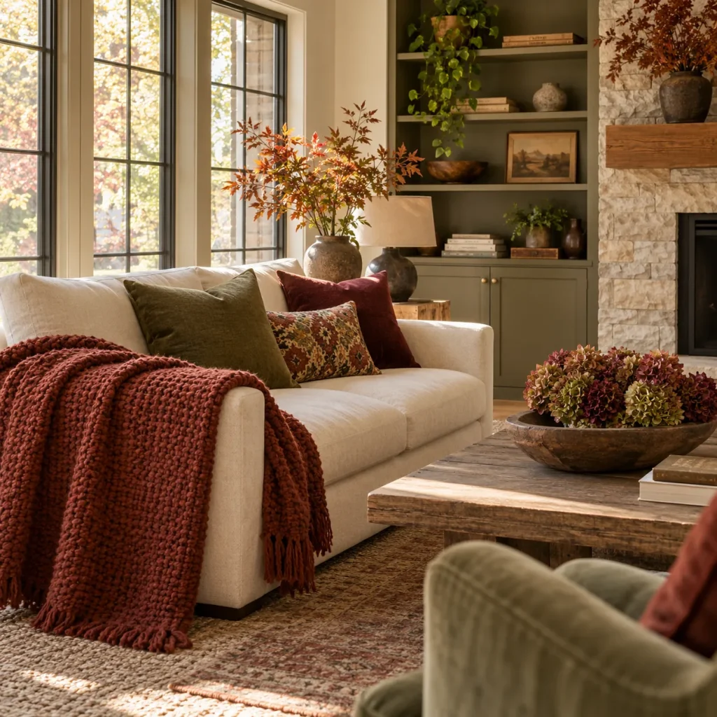 Chunky woven rust throw folded across sofa end over plain cream upholstery.