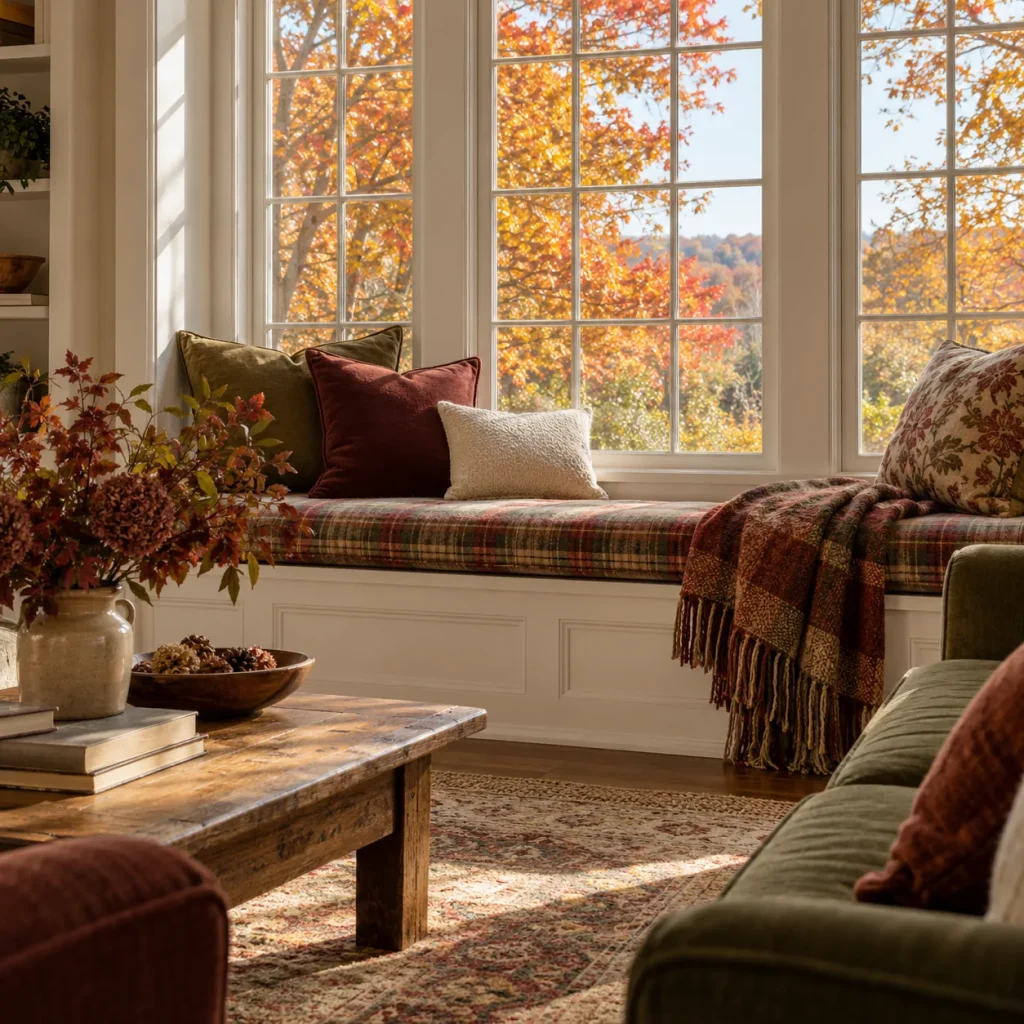 Living room window bench with plaid cushion and wool throw.