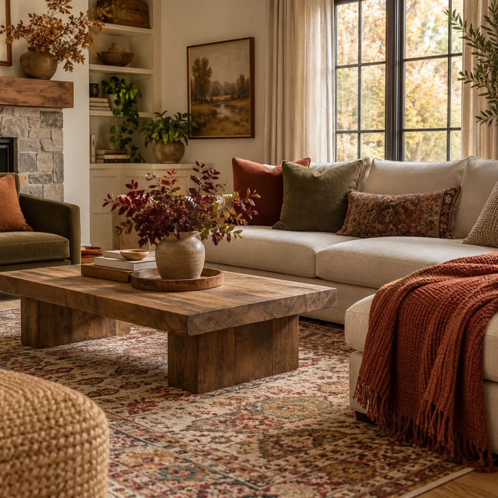 Living room with washable-looking cotton throw on sofa.