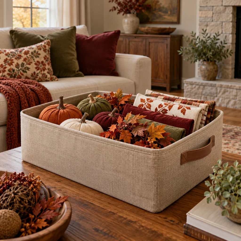 Open neutral storage bin on low table holding neatly packed fabric pumpkins.