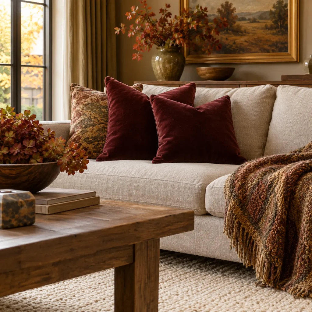 Two burgundy velvet cushions on linen sofa.