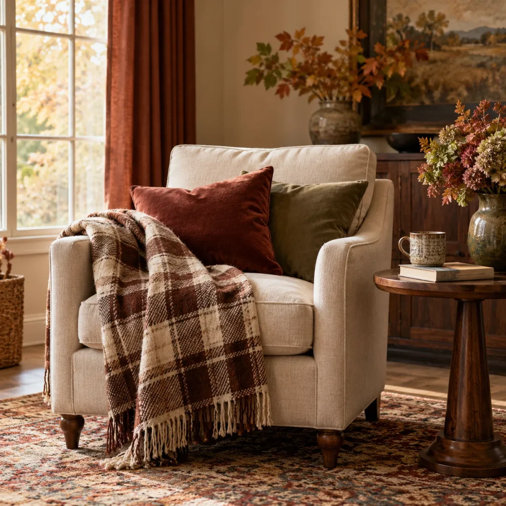 Neutral armchair with folded brown-and-cream plaid blanket.