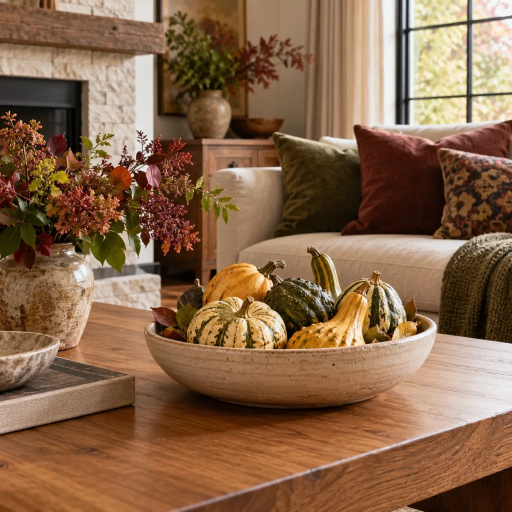 Shallow ceramic bowl with varied small muted yellow and green faux gourds on oak coffee table.