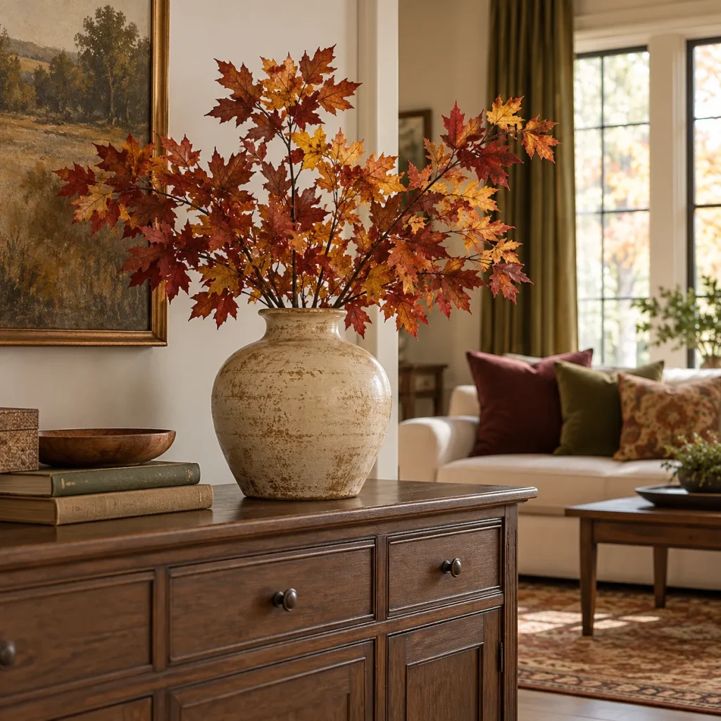 Stable wide ceramic vase with three realistic faux maple branches in rust and gold leaves on sideboard.