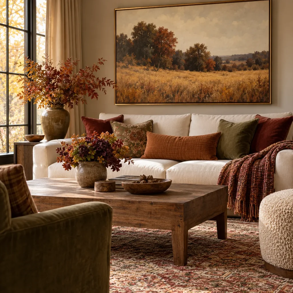 Framed autumn field painting with ochre grasses and dark trees over cream sofa.