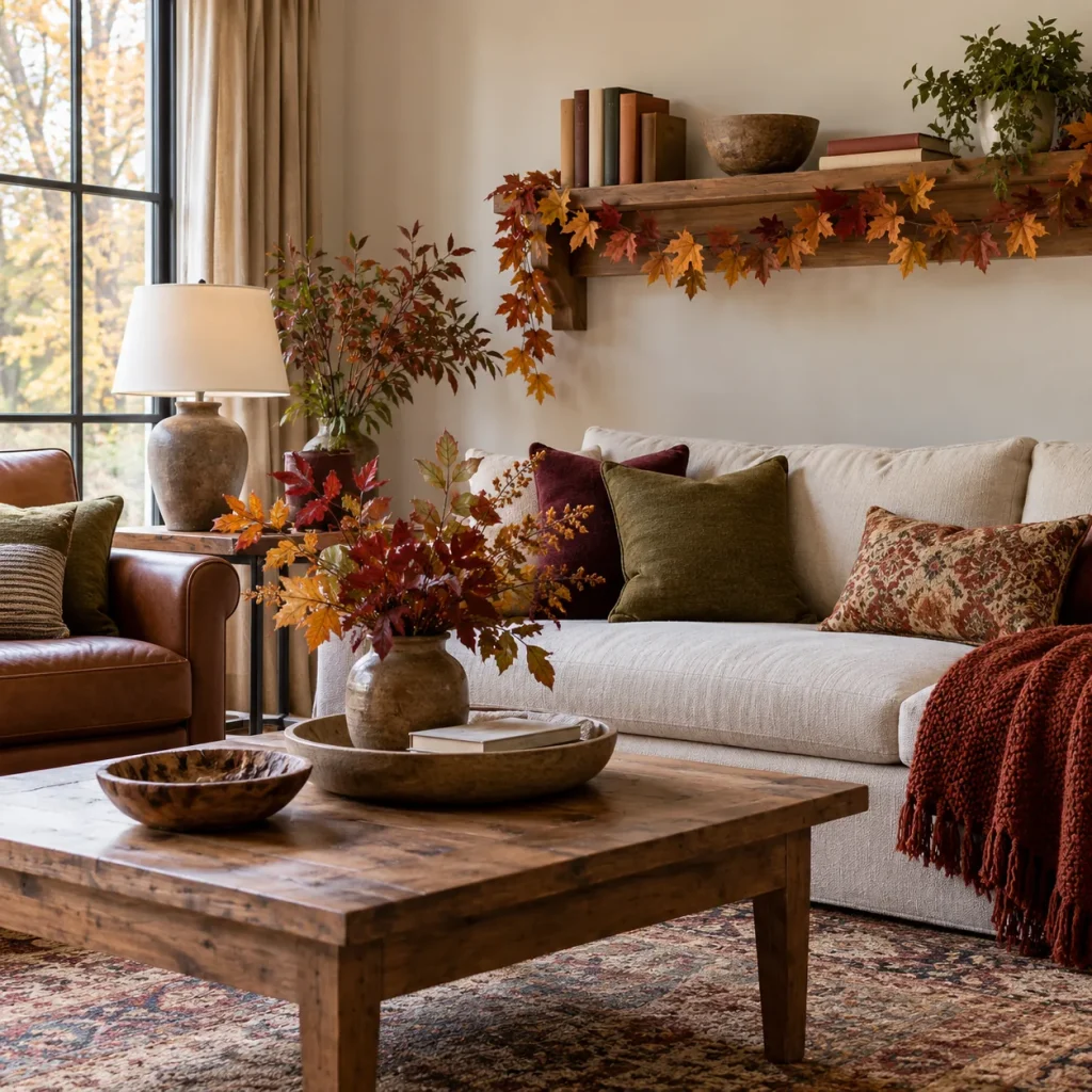 Simple faux leaf garland draped across front of wood wall shelf.