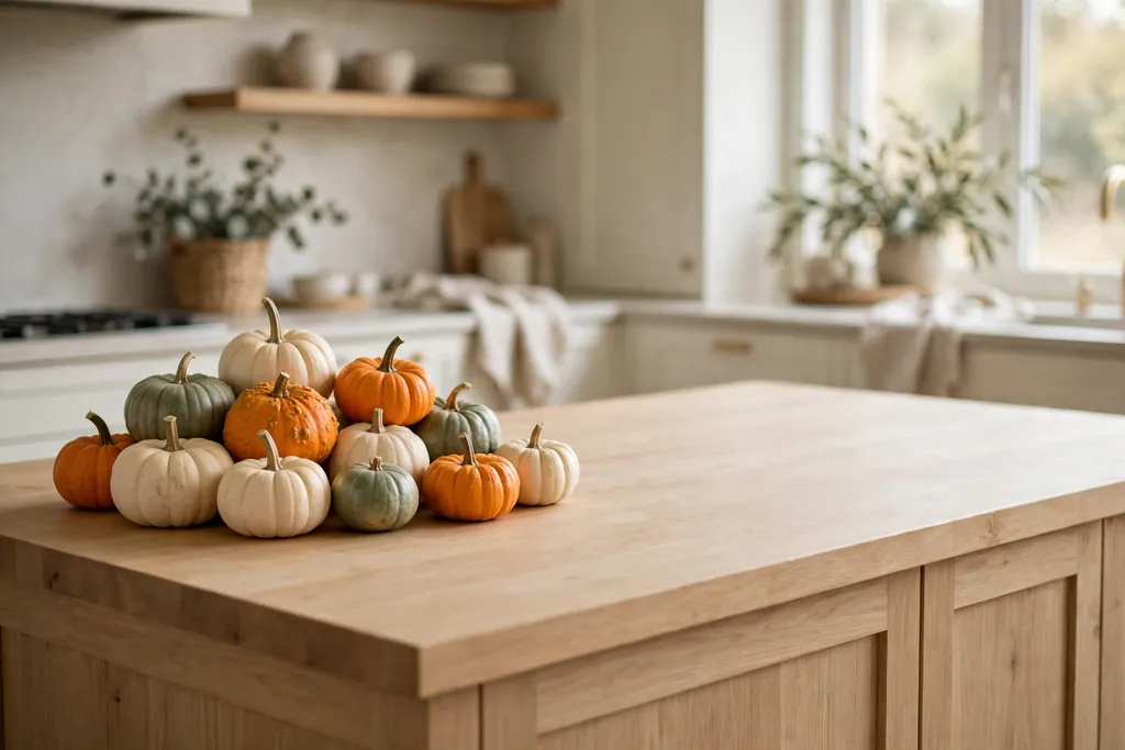 Mini pumpkins and gourds clustered at the end of a kitchen island.
