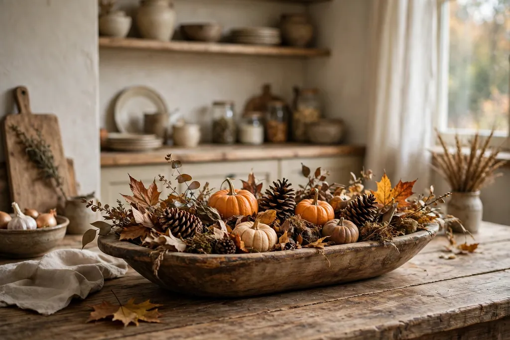 Wooden dough bowl filled with pinecones, dried leaves, and small pumpkins on a table.