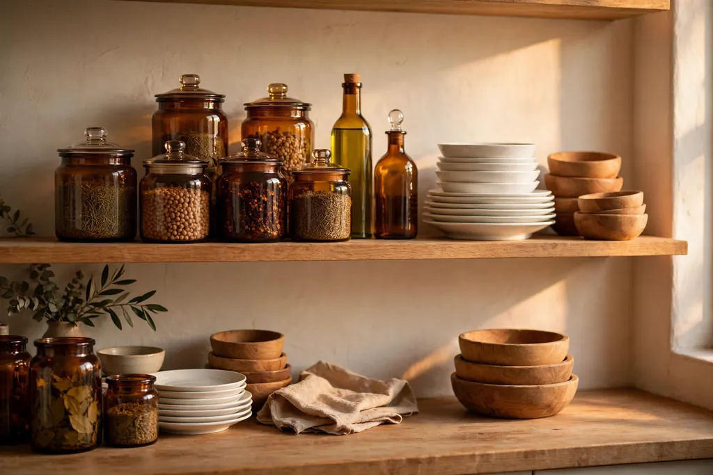 Amber glass jars and bottles on open kitchen shelves beside white dishes.