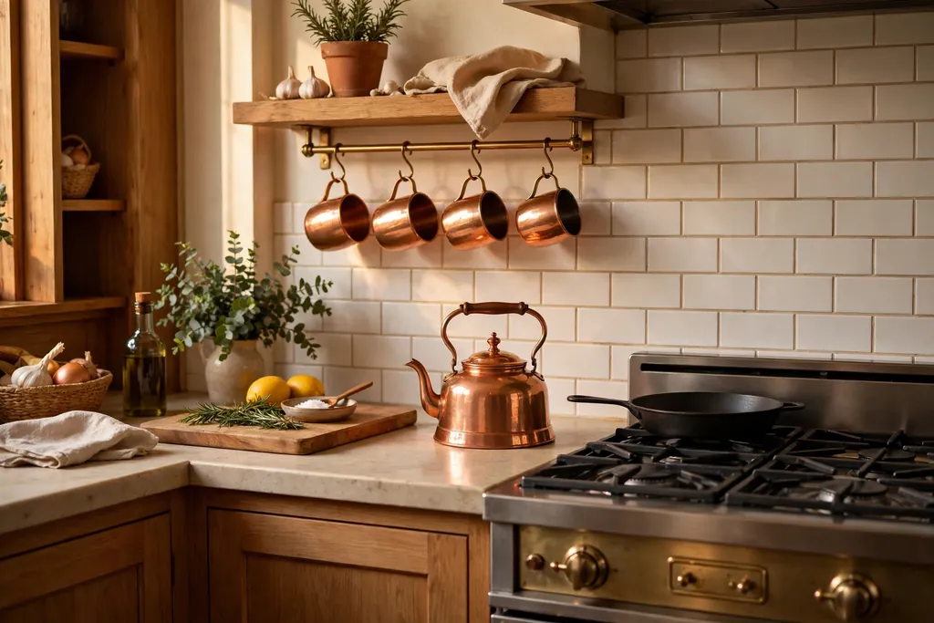 Copper mugs and a kettle arranged on a kitchen counter.